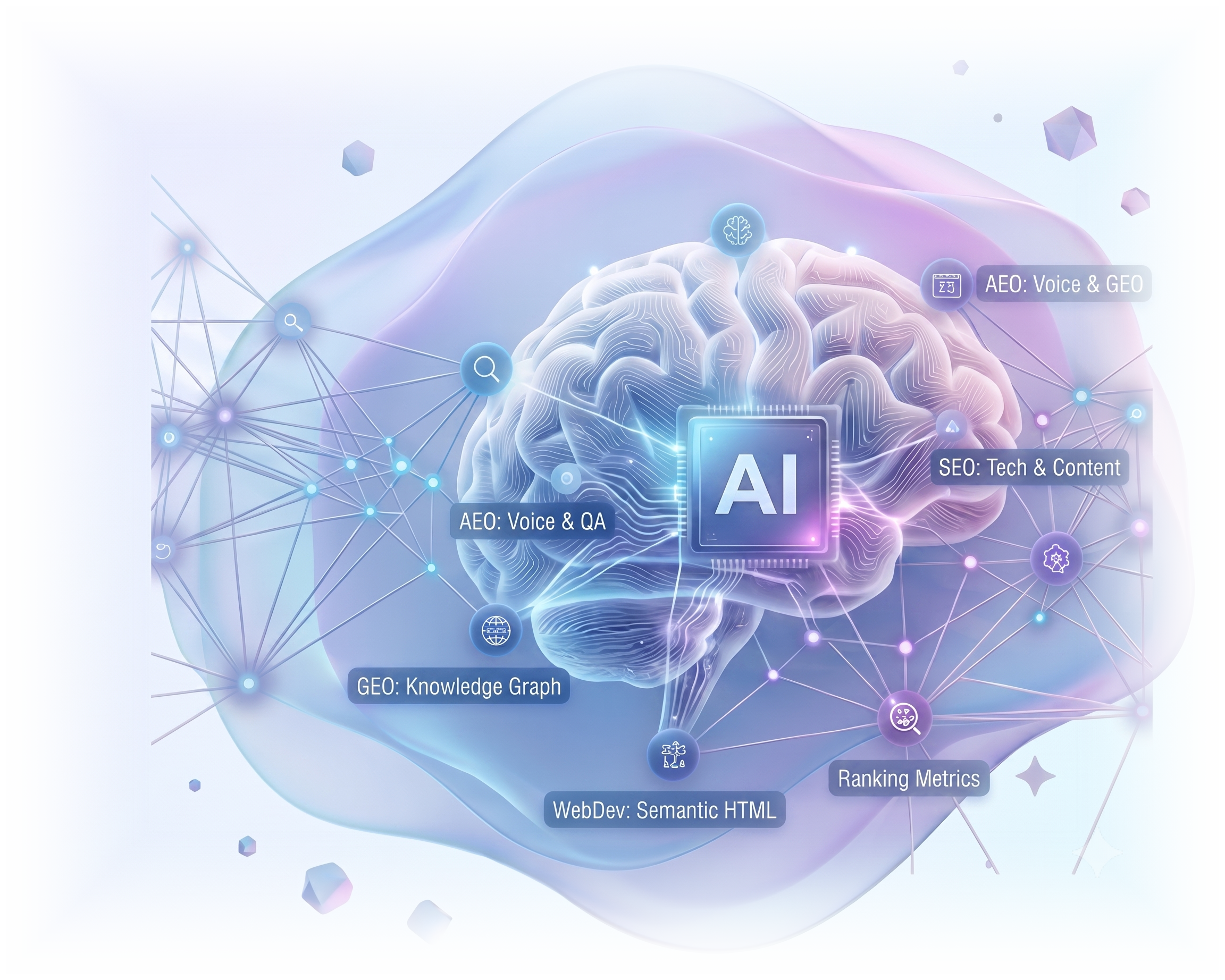 Abstract network visualization showing SEO, AEO, GEO and web development converging around an AI core